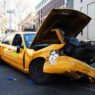 "the innards of a crashed taxicab on broadway and 115th st., new york city."